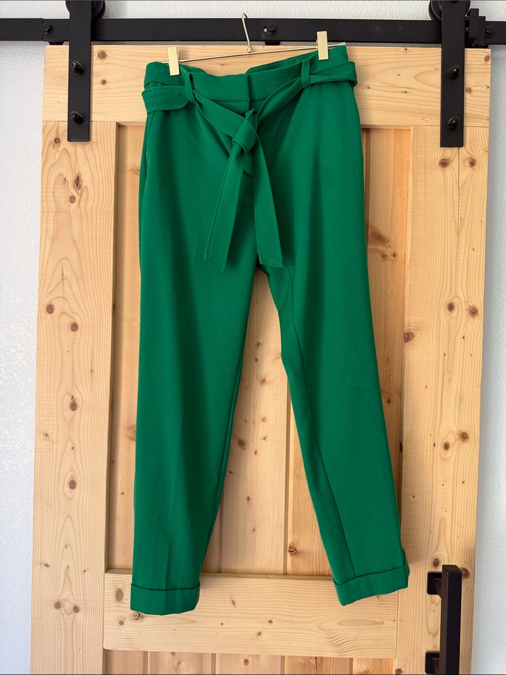 LOFT Green Paperbag Waist Tie Trousers